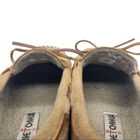 Minnetonka Pile Lined Faux Fur Suede Hard Sole Moccasin Slippers Tan Men’s 8M - Picture 7 of 9